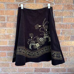 VTG Willi Smith Chocolate Brown Corduroy Flare Skirt Beaded Embroidered Y2K Sz 8
